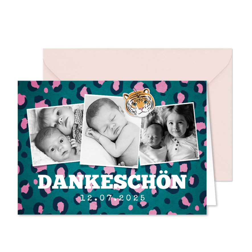 Danksagung zur Taufe Fotos Tierprint und Tiger - Karteneindruck