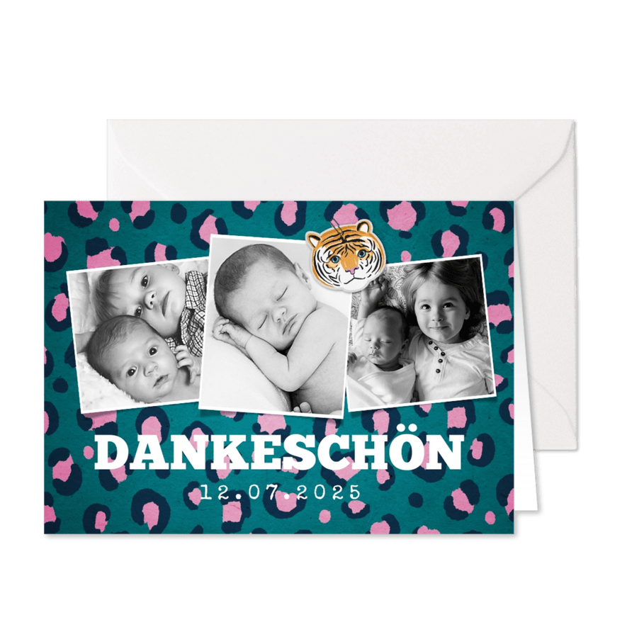 Danksagung zur Taufe Fotos Tierprint und Tiger - Karteneindruck
