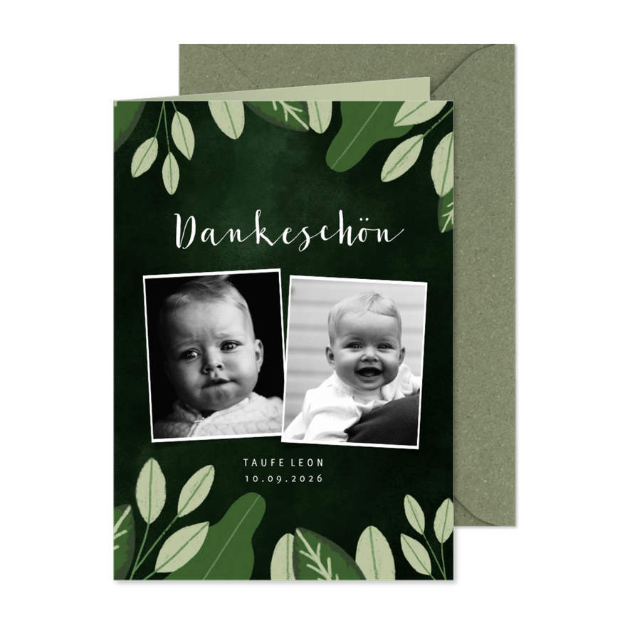 Danksagung zur Taufe Fotos und Blätter botanisch - Karteneindruck
