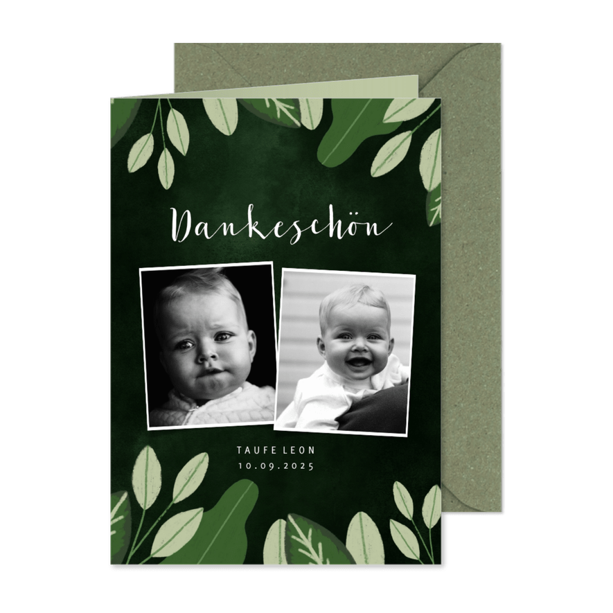 Danksagung zur Taufe Fotos und Blätter botanisch - Karteneindruck
