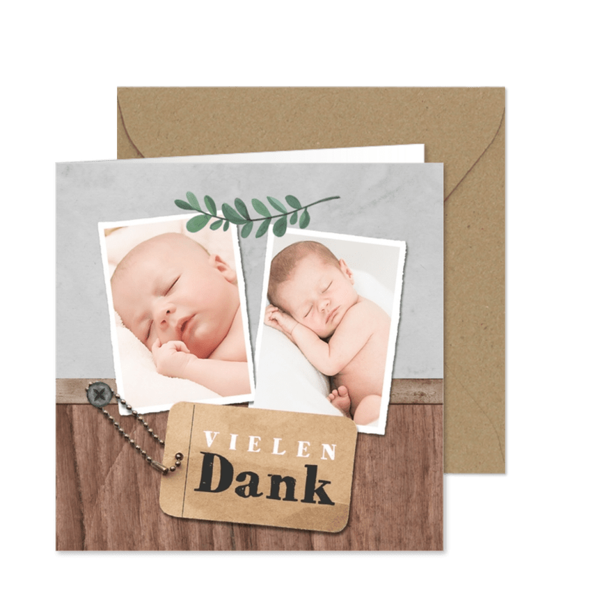 Danksagung zur Taufe Holzlook mit Fotos und Anhänger - Karteneindruck
