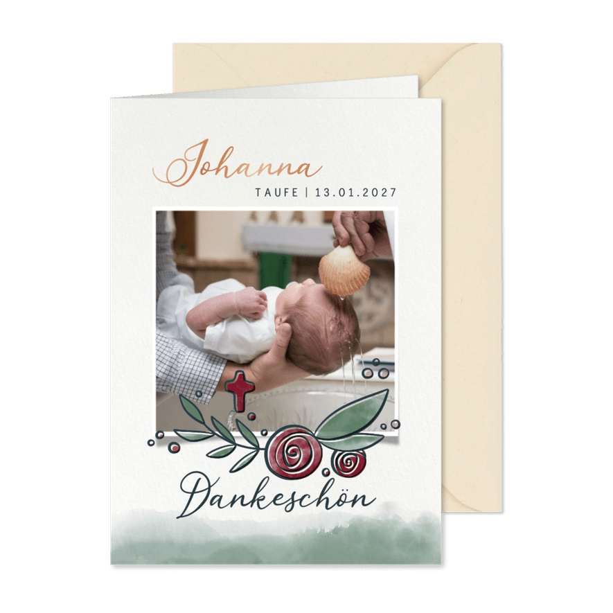 Danksagung zur Taufe mit Taube und Rosen - Karteneindruck
