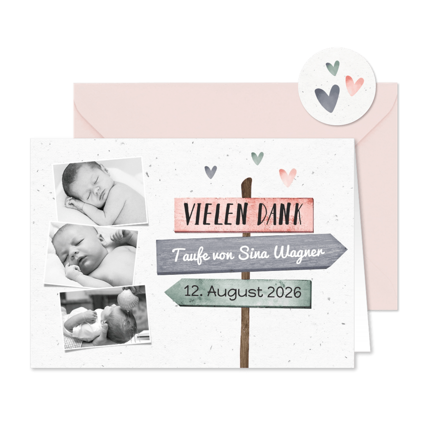 Danksagung zur Taufe rosa Fotos, Wegweiser und Herzen - Kartenvorschau
