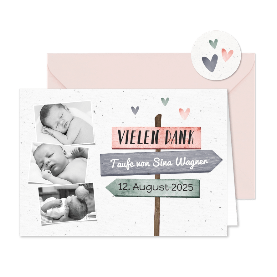 Danksagung zur Taufe rosa Fotos, Wegweiser und Herzen - Karteneindruck