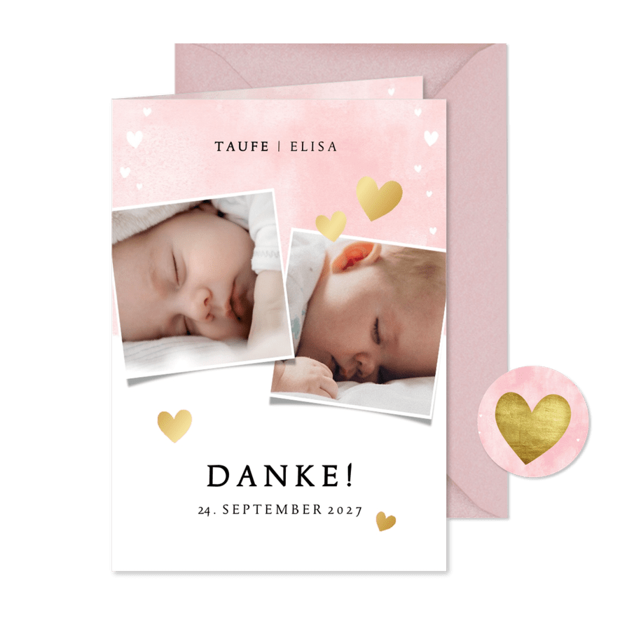 Danksagung zur Taufe rosa mit Fotos und Herzen - Karteneindruck