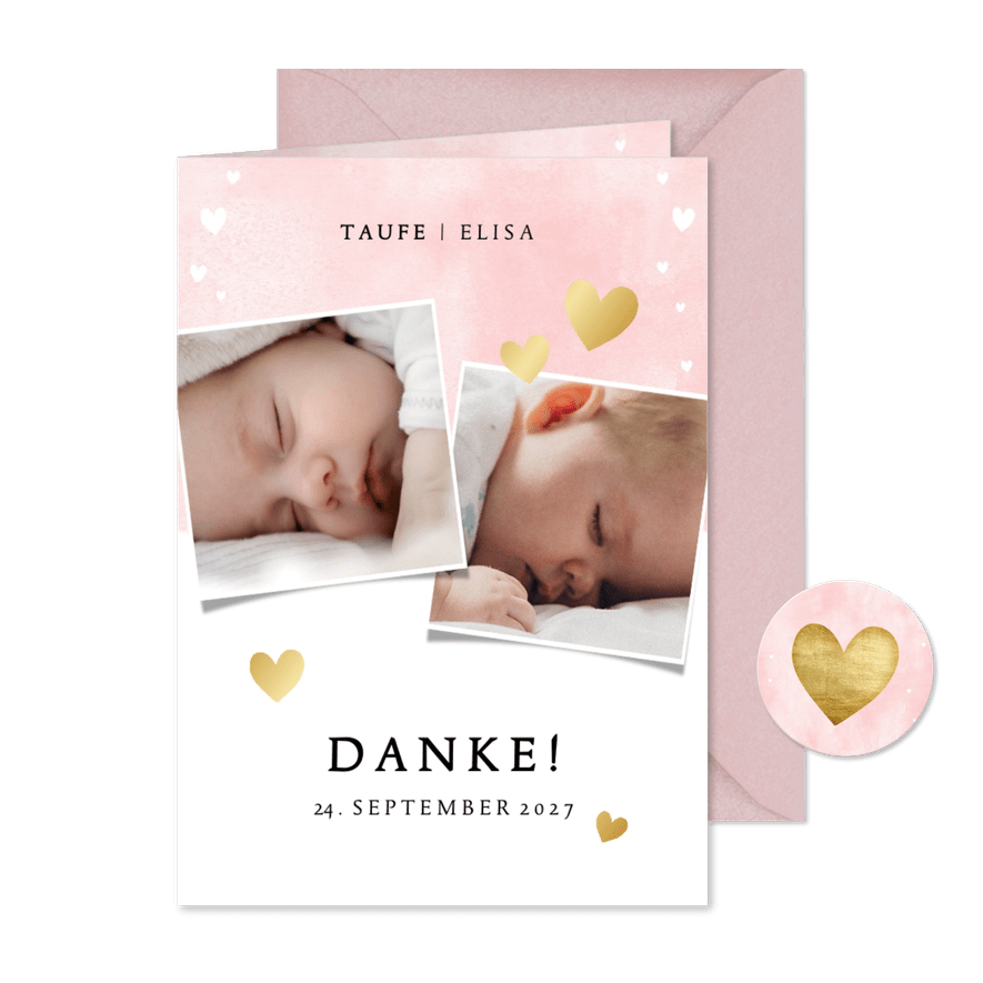 Danksagung zur Taufe rosa mit Fotos und Herzen - Karteneindruck