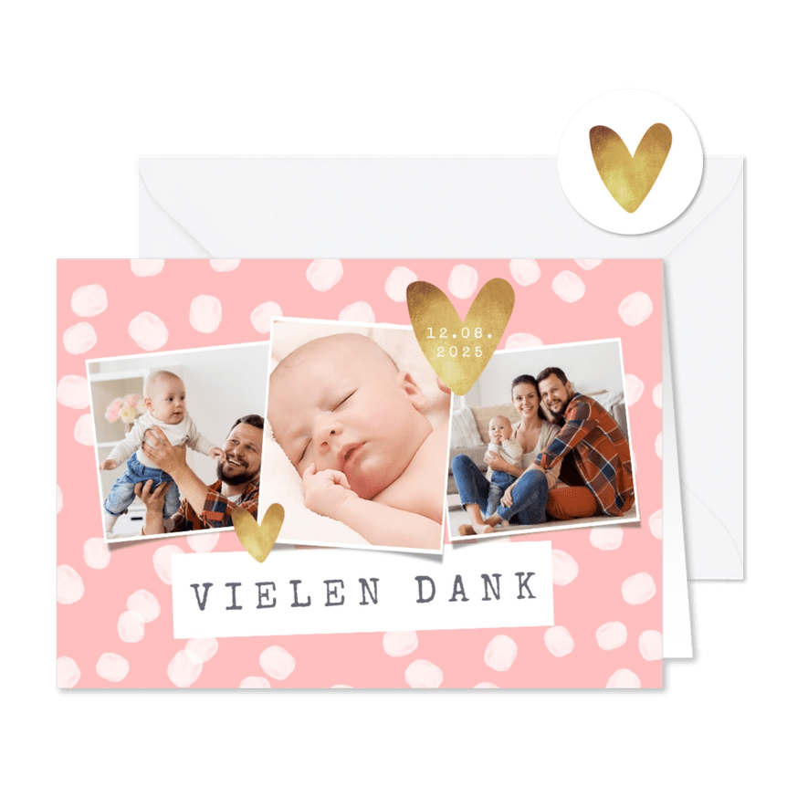 Danksagung zur Taufe rosa mit Punkten und Fotos - Karteneindruck
