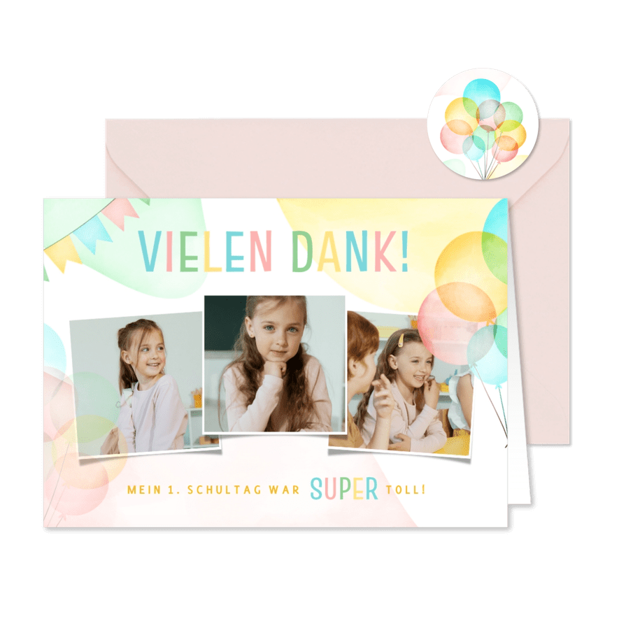 Danksagungskarte 1. Schultag Fotos & bunte Luftballons - Karteneindruck

