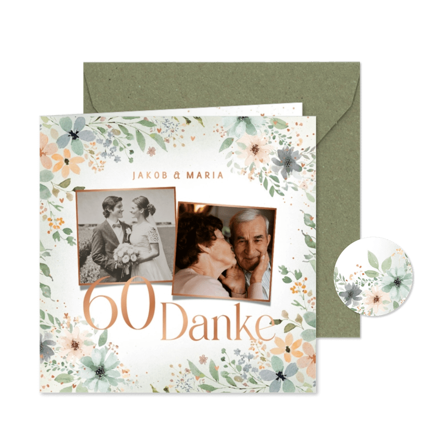 Danksagungskarte 60. Hochzeitstag romantische Blüten - Kartenvorschau