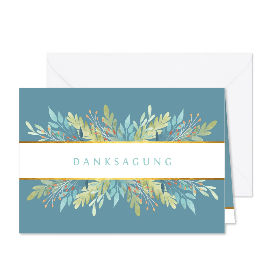 Danksagungskarte blau mit Blumenschmuck - Karteneindruck