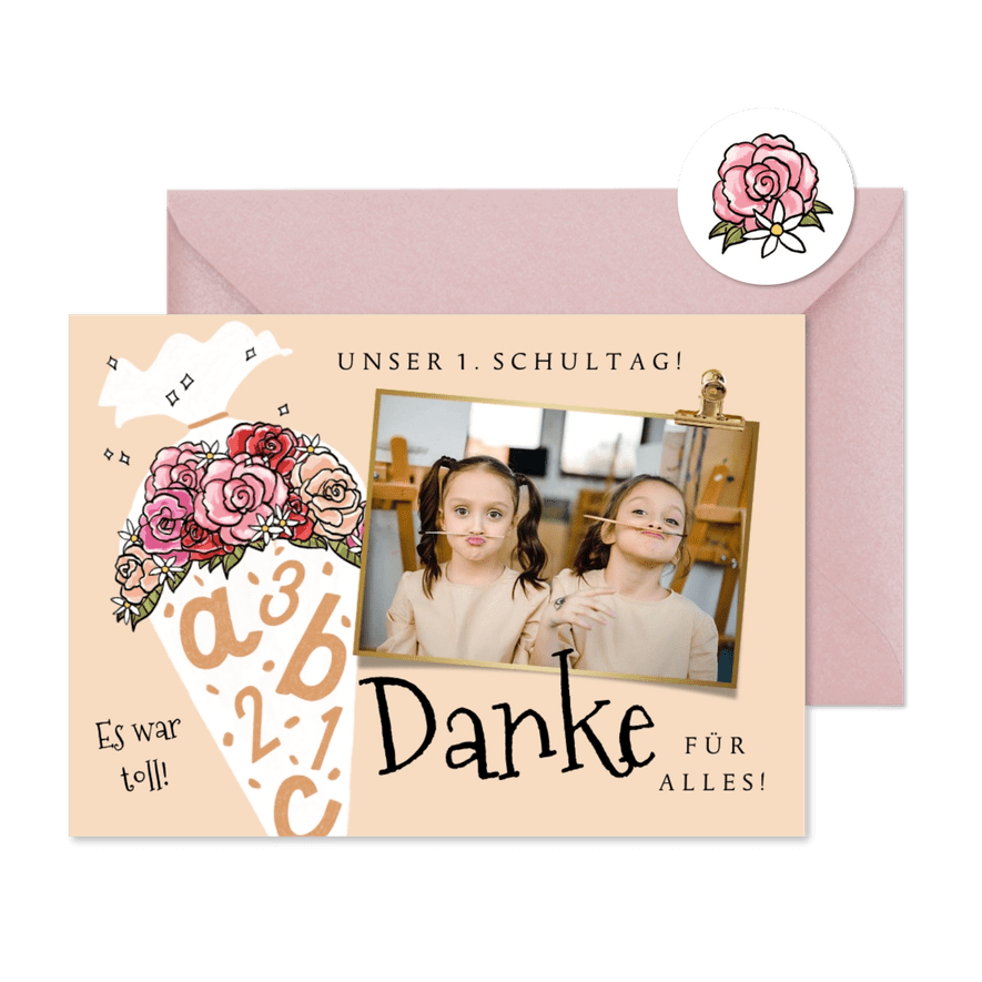 Danksagungskarte Einschulung Foto & blumige Schultüte - Karteneindruck