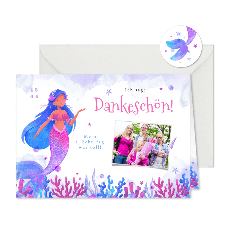 Danksagungskarte Einschulung Foto & Mermaid  - Kartenvorschau
