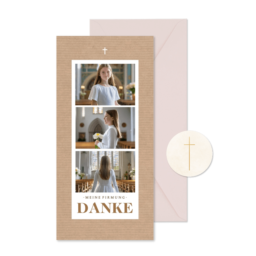 Danksagungskarte Firmung Kraftpapierlook drei Fotos  - Karteneindruck
