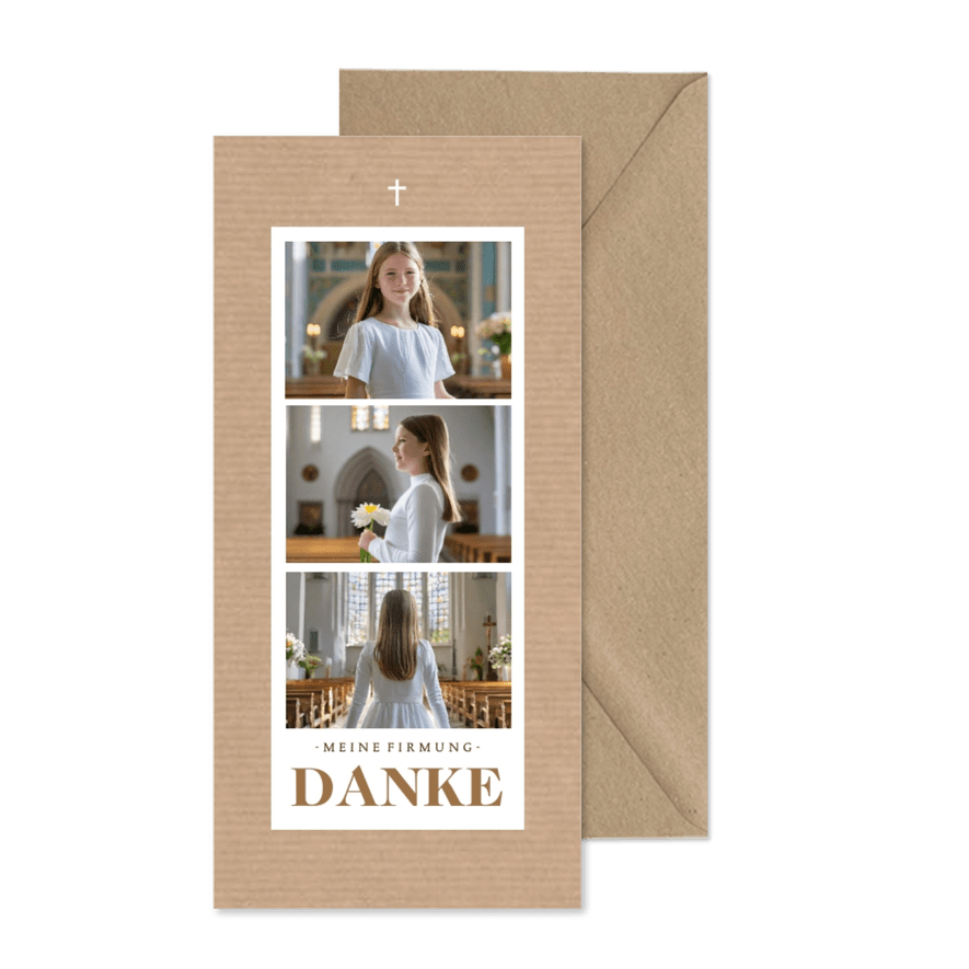 Danksagungskarte Firmung Kraftpapierlook drei Fotos  - Karteneindruck
