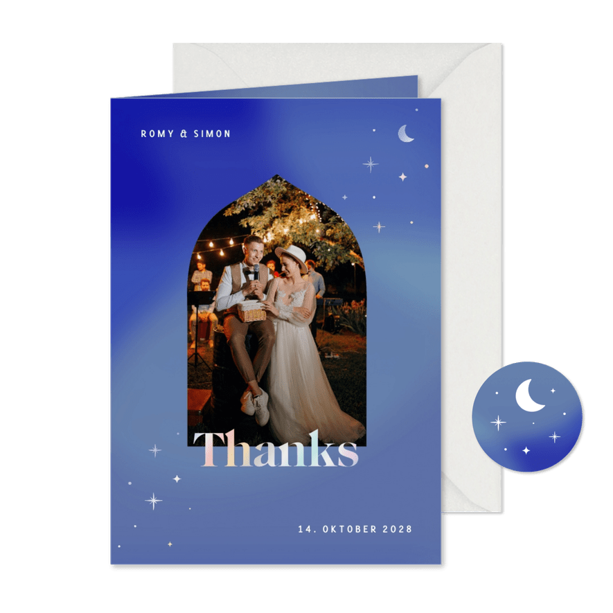 Danksagungskarte Hochzeit Bogenfoto & Sterne - Karteneindruck