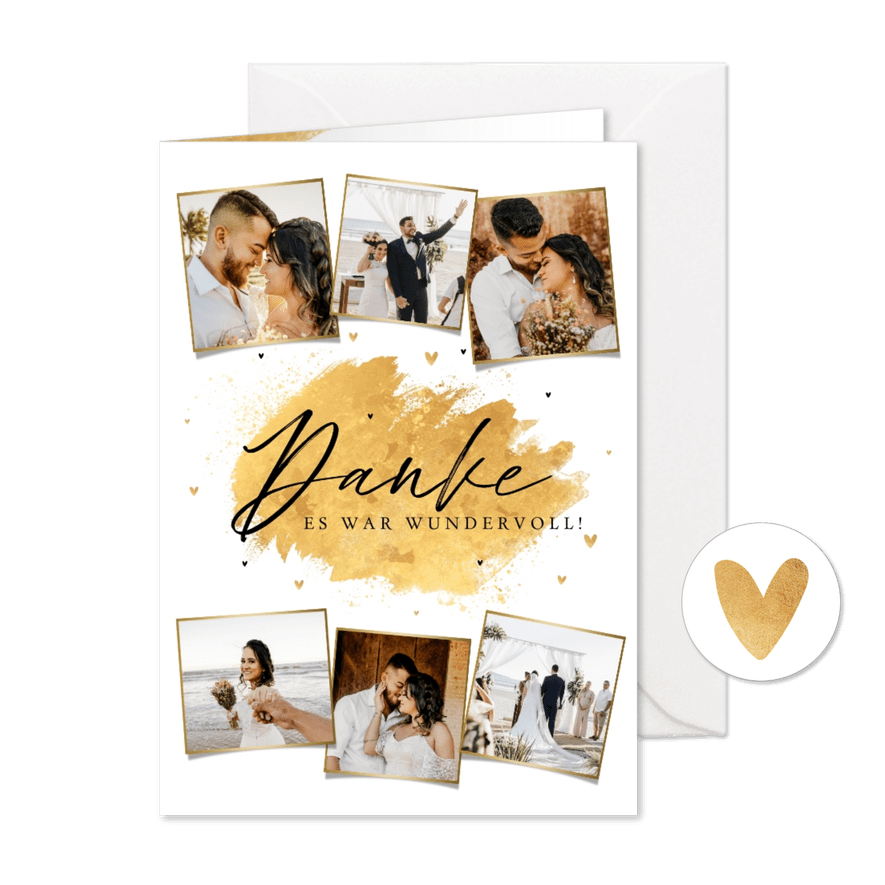 Danksagungskarte Hochzeit Fotocollage Goldlook - Karteneindruck
