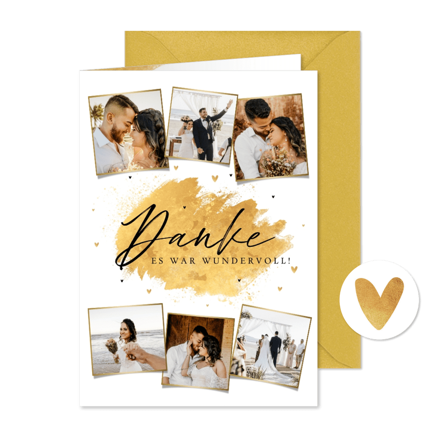 Danksagungskarte Hochzeit Fotocollage Goldlook - Kartenvorschau