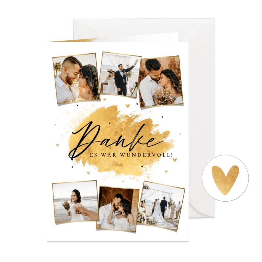 Danksagungskarte Hochzeit Fotocollage Goldlook - Karteneindruck
