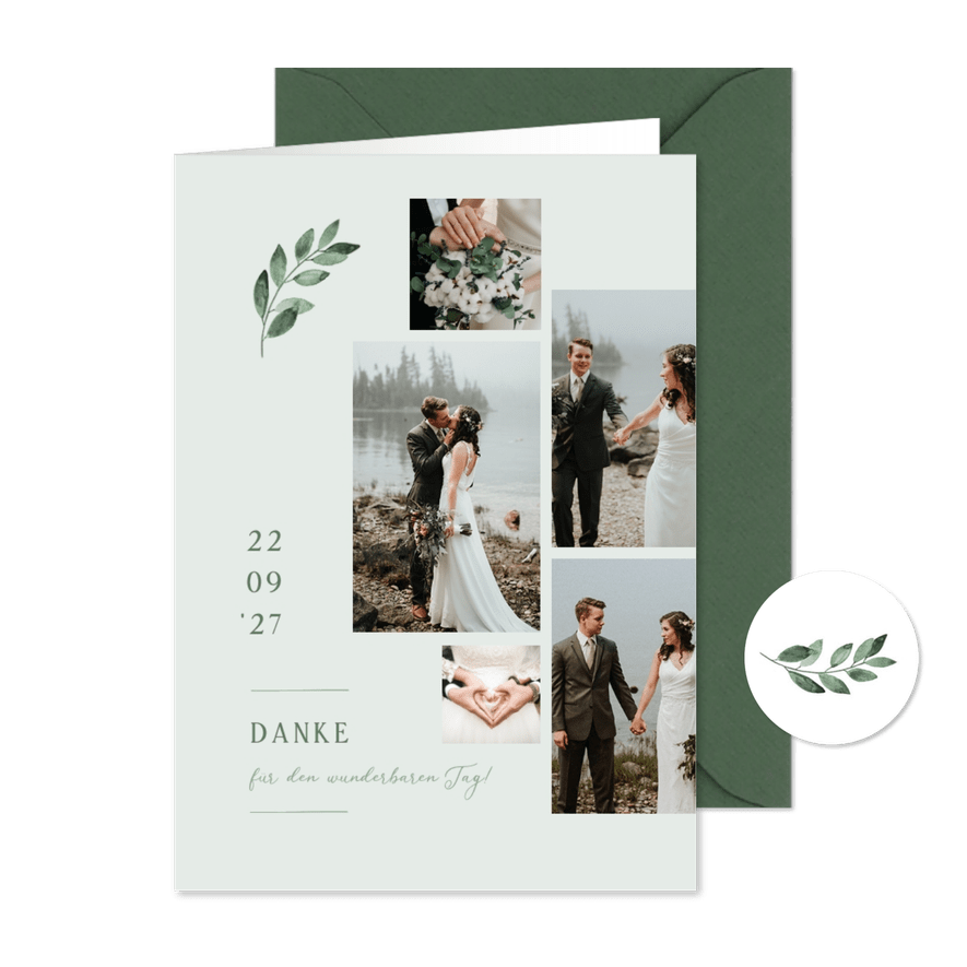 Danksagungskarte Hochzeit Fotos & grüner Zweig - Karteneindruck
