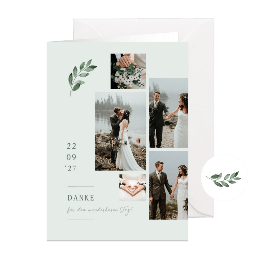 Danksagungskarte Hochzeit Fotos & grüner Zweig - Karteneindruck
