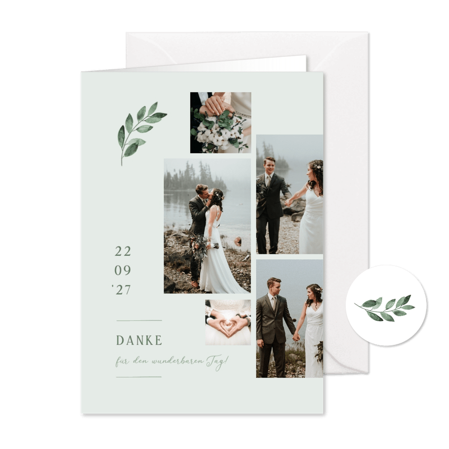 Danksagungskarte Hochzeit Fotos & grüner Zweig - Karteneindruck
