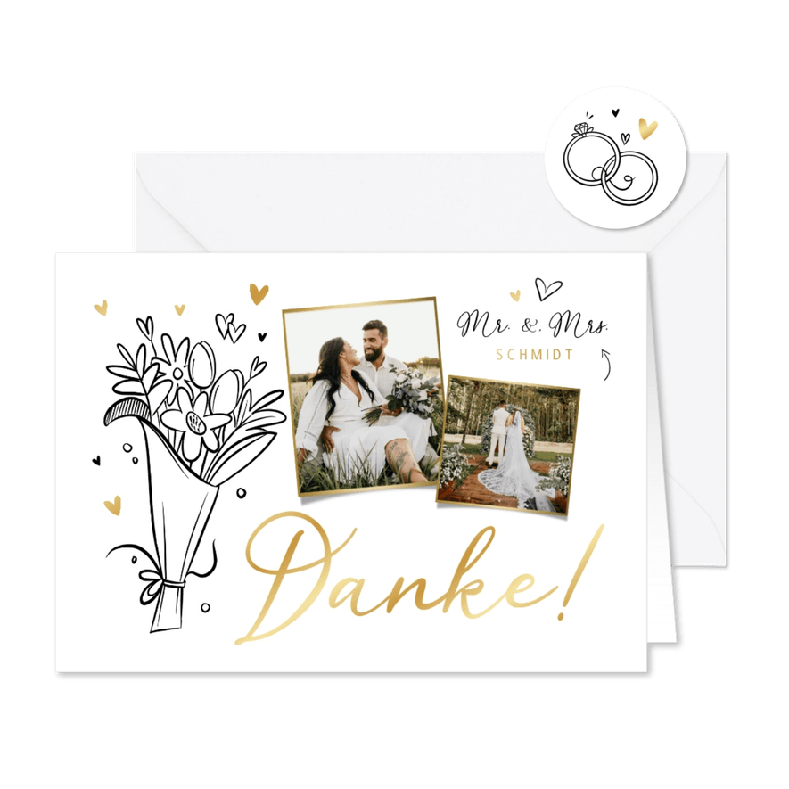Danksagungskarte Hochzeit Fotos & Doodles Goldelemente - Karteneindruck
