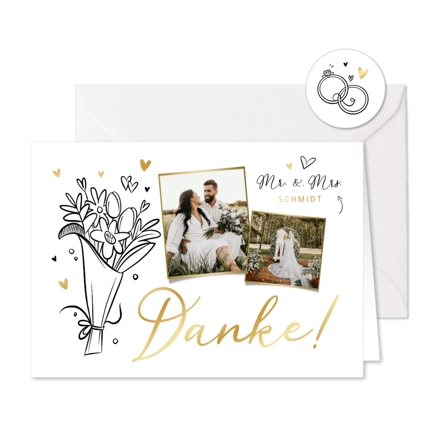 Danksagungskarte Hochzeit Fotos & Doodles Goldelemente - Karteneindruck
