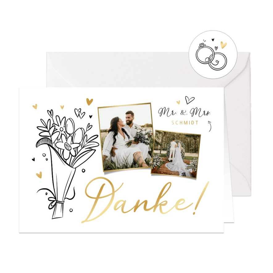 Danksagungskarte Hochzeit Fotos & Doodles Goldelemente - Karteneindruck
