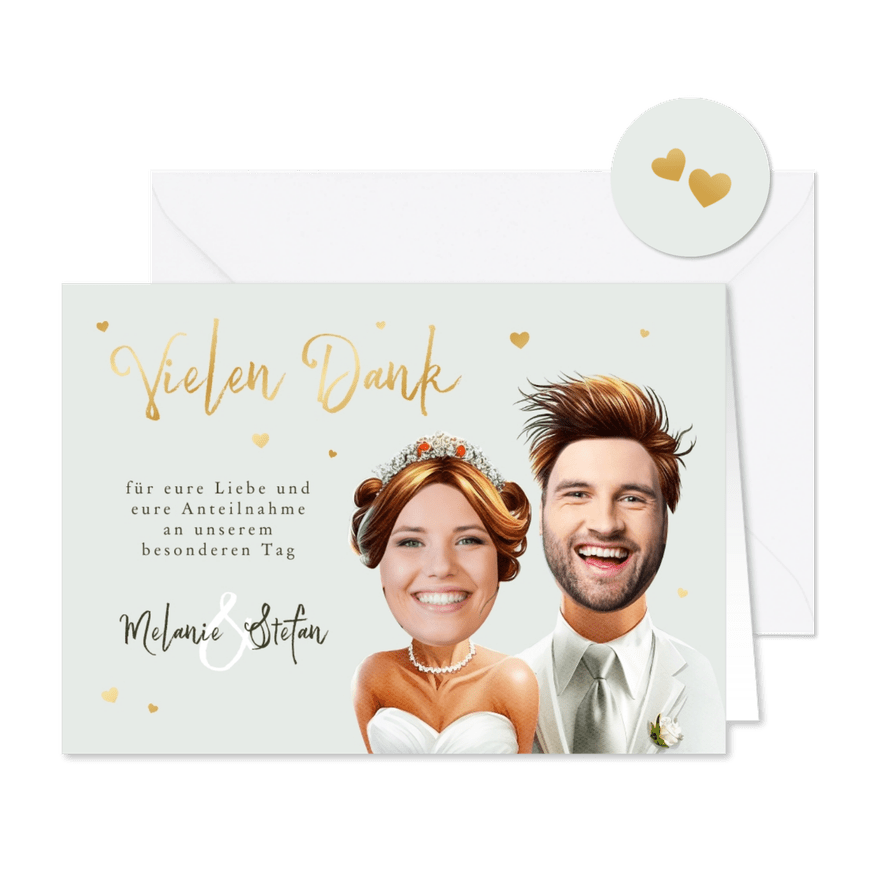 Danksagungskarte Hochzeit lustige Porträts - Kartenvorschau
