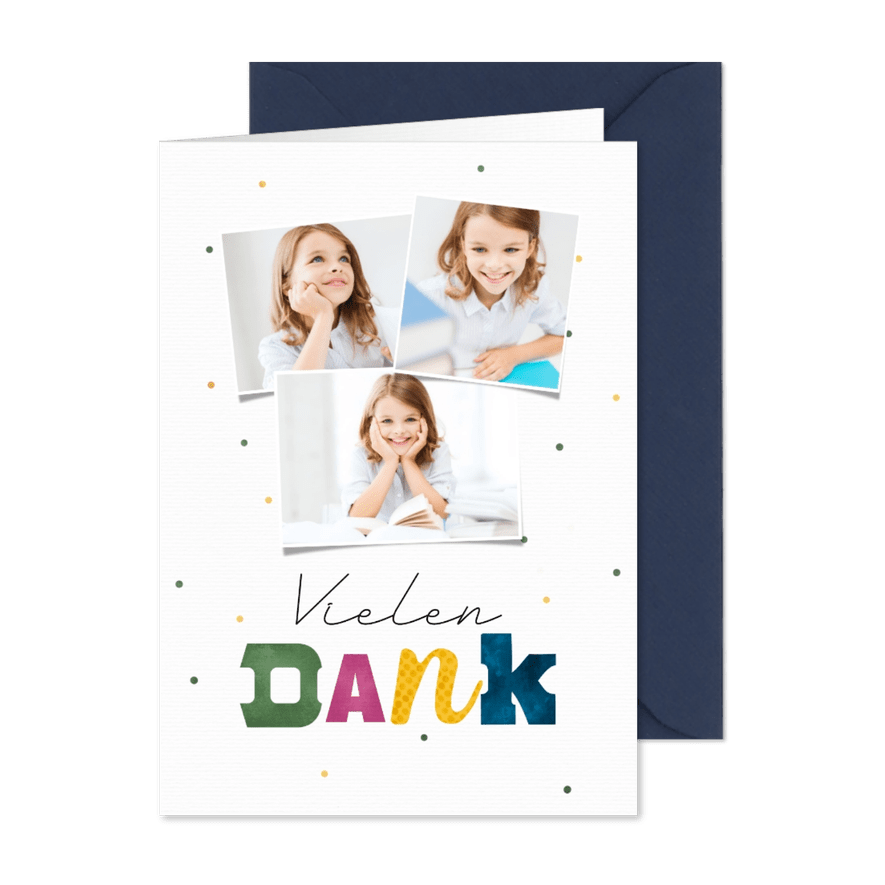 Danksagungskarte Schulanfang Fotocollage bunte Buchstaben - Kartenvorschau
