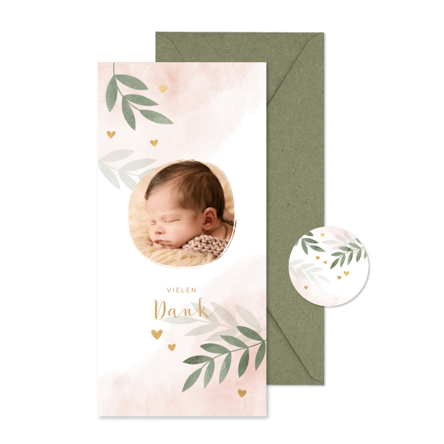 Danksagungskarte Taufe rosa Foto botanisch - Karteneindruck