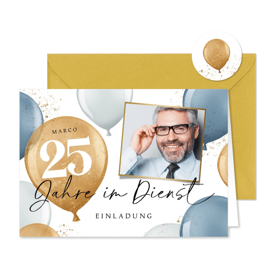 Dienstjubiläum Einladung Foto & blaue Luftballons - Karteneindruck