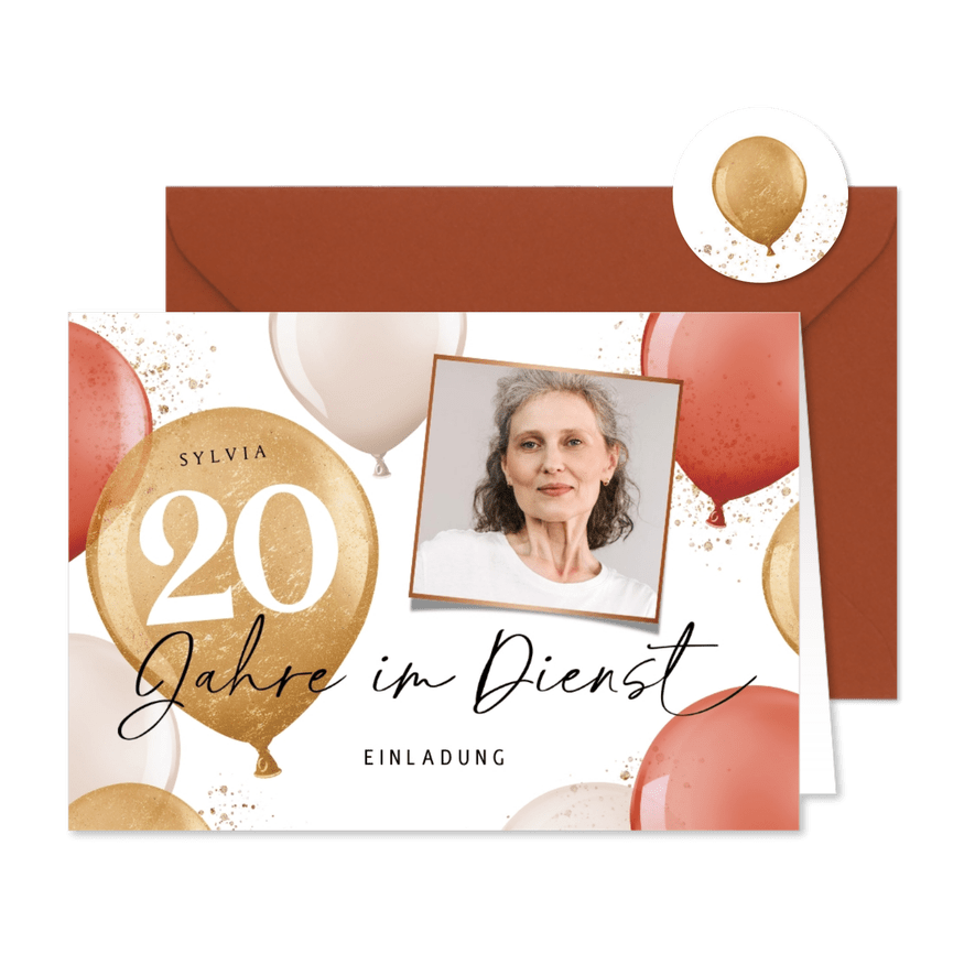 Dienstjubiläum Einladung Foto & rote Luftballons - Karteneindruck