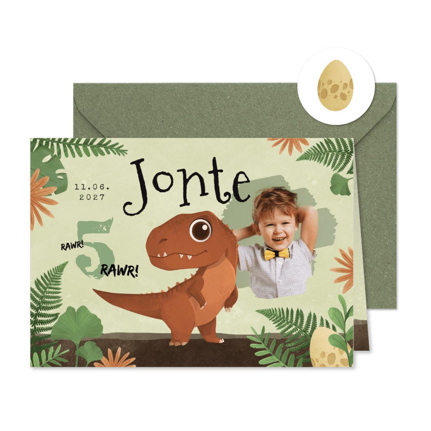 Dino-Einladungskarte zum 5. Kindergeburtstag - Kartenvorschau
