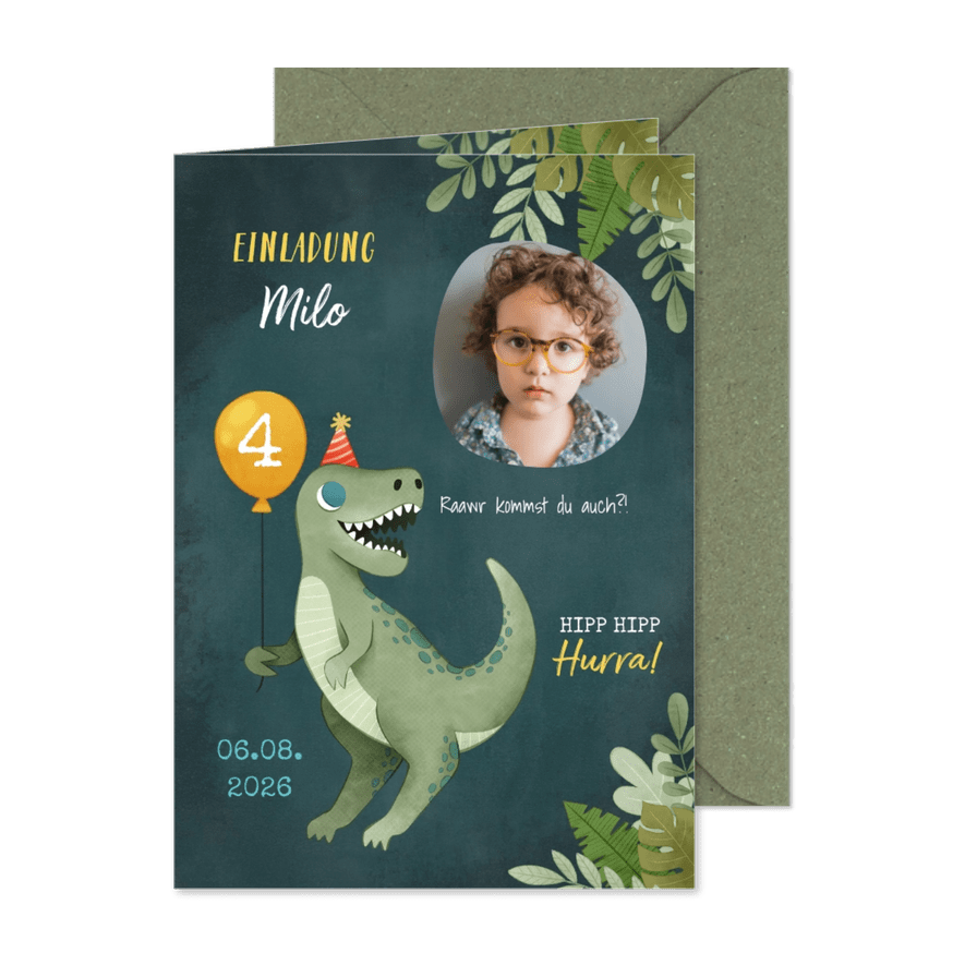 Dinosaurier Einladungskarte mit eigenem Foto - Karteneindruck
