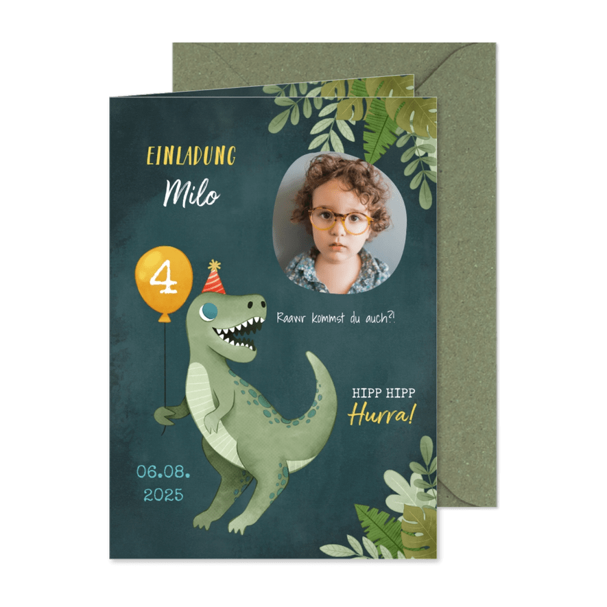 Dinosaurier Einladungskarte mit eigenem Foto - Karteneindruck
