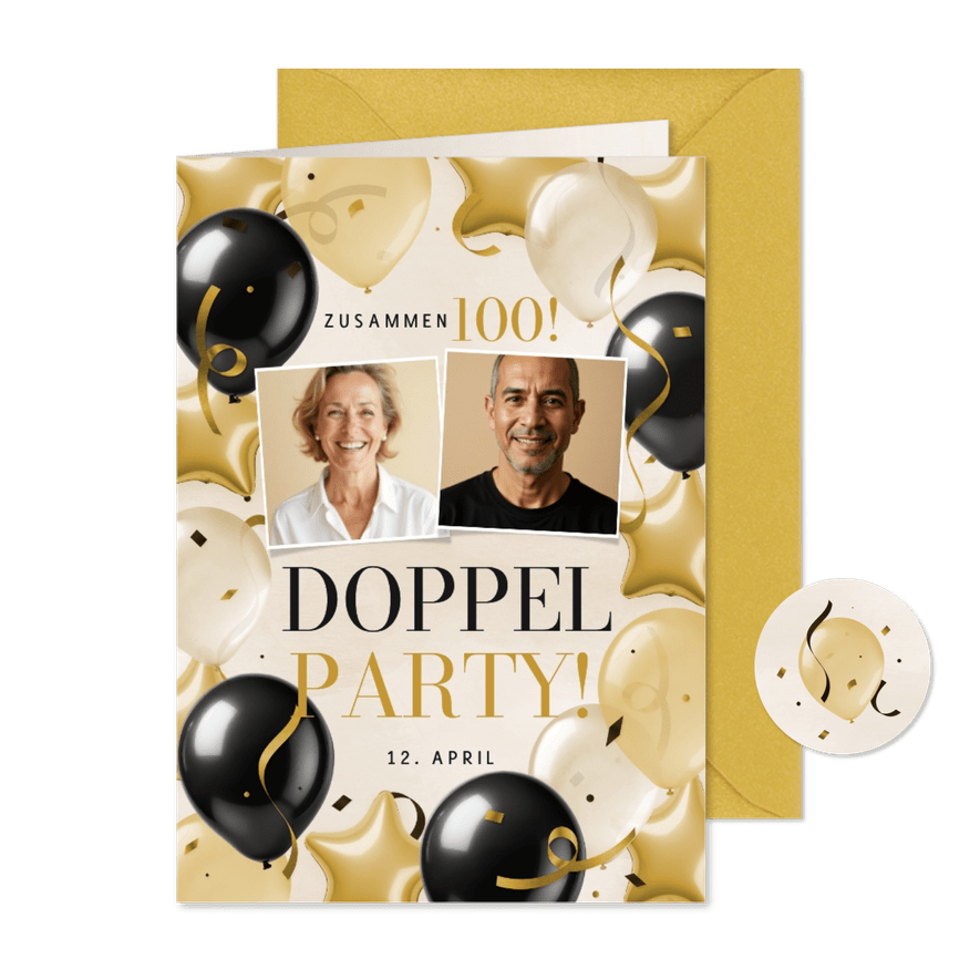 Doppelparty 100 Einladungskarte Fotos Luftballons - Kartenvorschau

