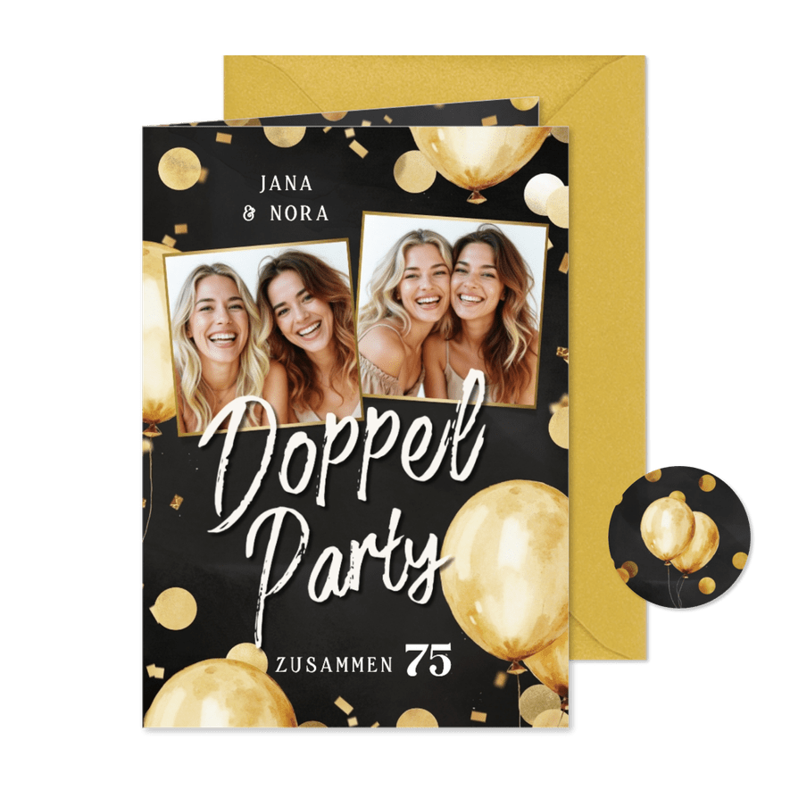 Doppelparty Fotocollage Aquarell Luftballons auf Schwarz - Karteneindruck