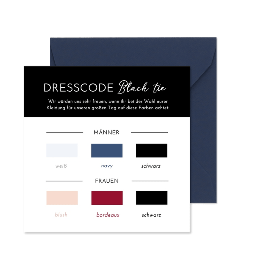 Dresscodekarte Black Tie Kleidervorschrift Hochzeit - Karteneindruck