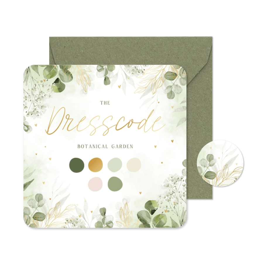 Dresscodekarte Botanical Garden grün gold Hochzeit Farben - Karteneindruck
