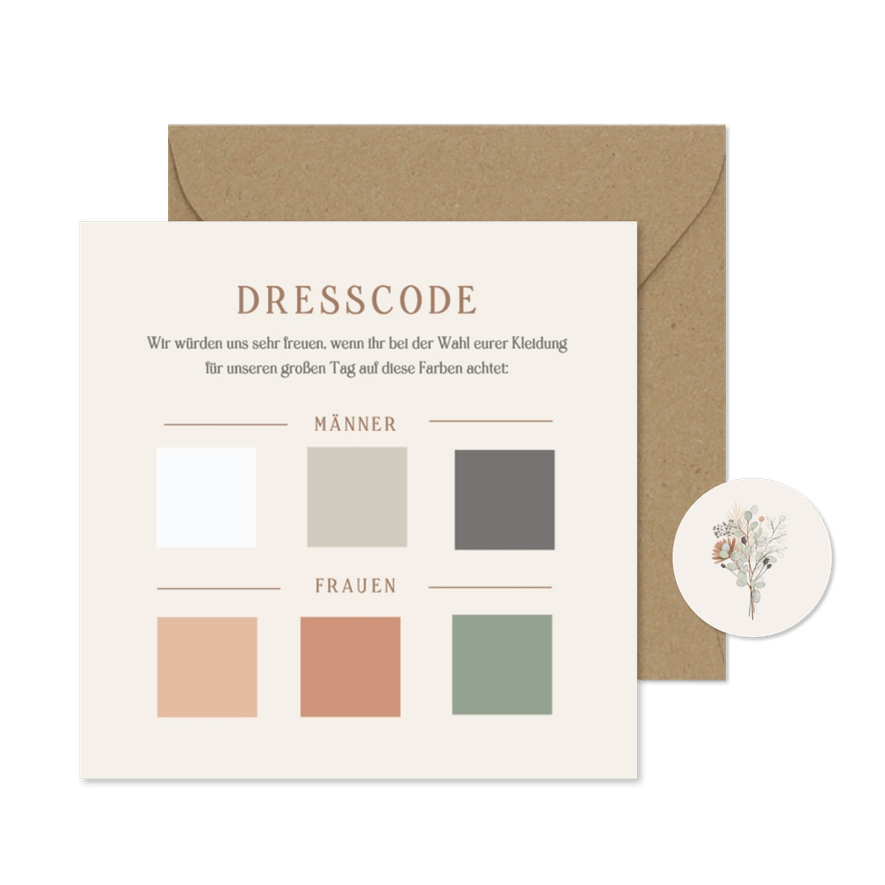 Dresscodekarte natürliche Farben Kleidervorschrift Hochzeit - Karteneindruck
