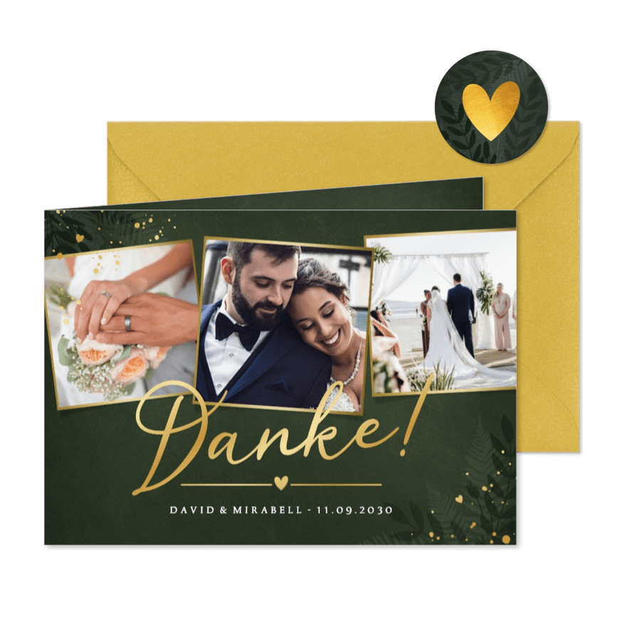 Dunkelgrün Dankeskarte Botanisch Goldkleckse - Karteneindruck