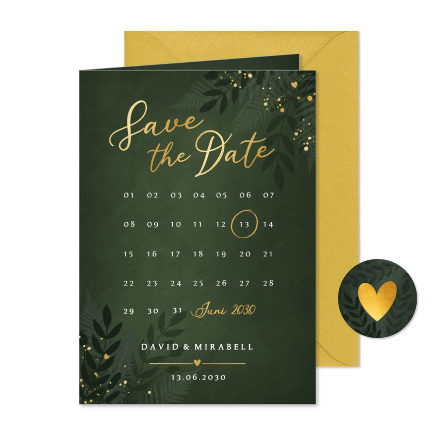 Dunkelgrün Save the Date Botanisch Goldkleckse - Karteneindruck