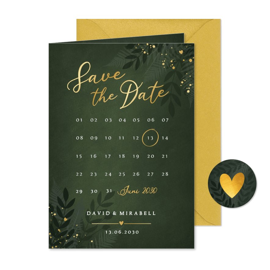 Dunkelgrün Save the Date Botanisch Goldkleckse - Kartenvorschau