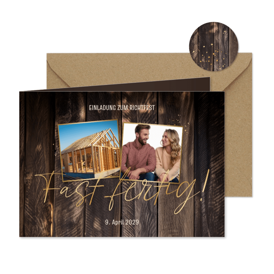 Dunkle Einladung Richtfest Fotos auf Holz - Karteneindruck
