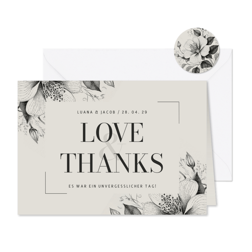Edle Dankeskarte Hochzeit Vintage Blumen - Karteneindruck