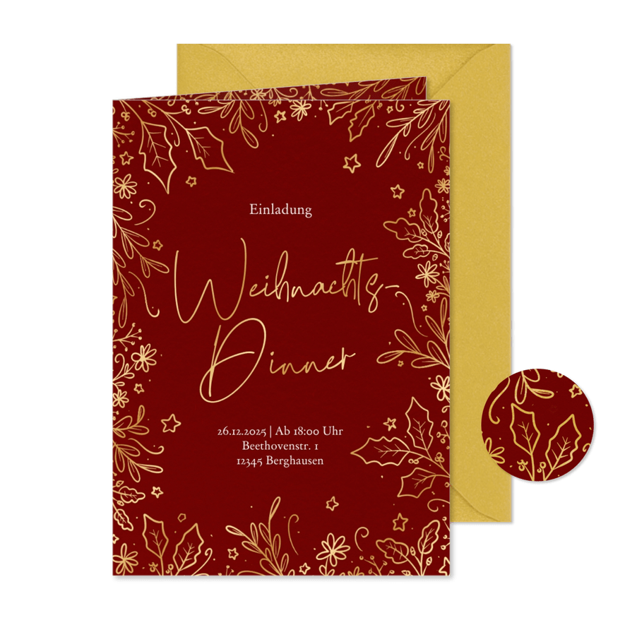 Edle Einladung Weihnachtsdinner Stechpalme - Karteneindruck