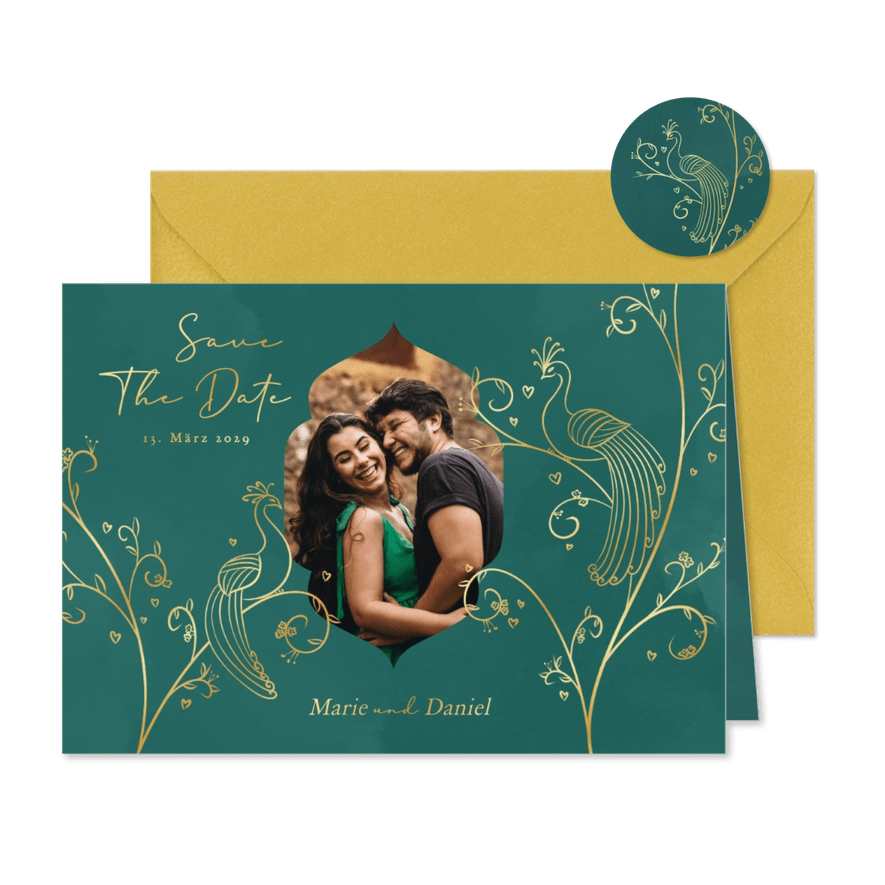 Edle Save-The-Date-Karte zwei Pfauen & Foto - Karteneindruck
