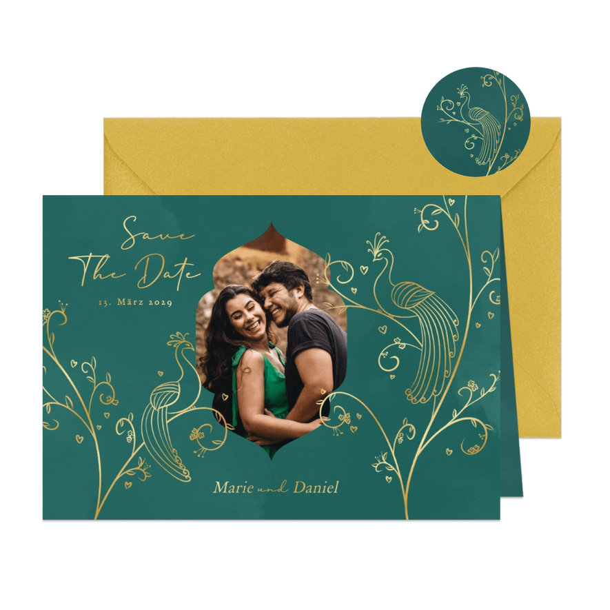 Edle Save-The-Date-Karte zwei Pfauen & Foto - Karteneindruck
