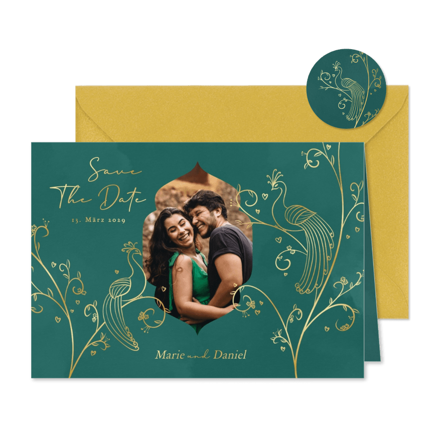 Edle Save-The-Date-Karte zwei Pfauen & Foto - Karteneindruck
